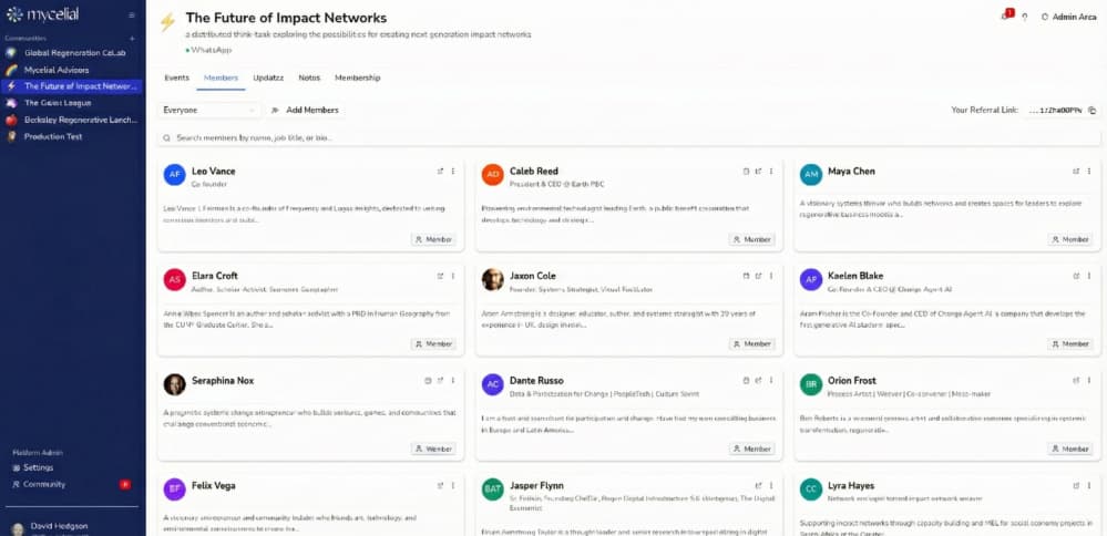 Member directory interface displaying profile cards with member photos, names, roles, and expertise tags