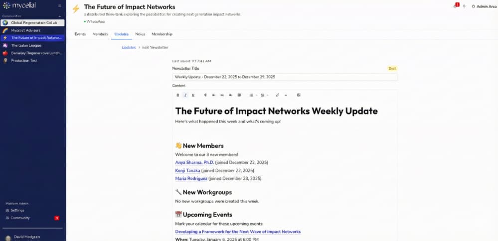 Newsletter editor with rich content, formatting options, and member highlights